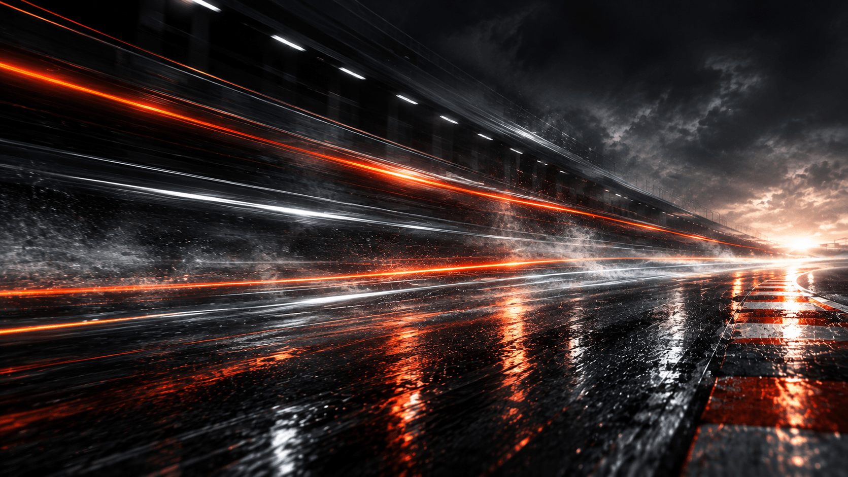 A long-exposure night frame: orange and white light trails streaking away down wet tarmac past a dark grandstand, spray hanging in the air, a red and white kerb along the near edge and a low break of light on the horizon.