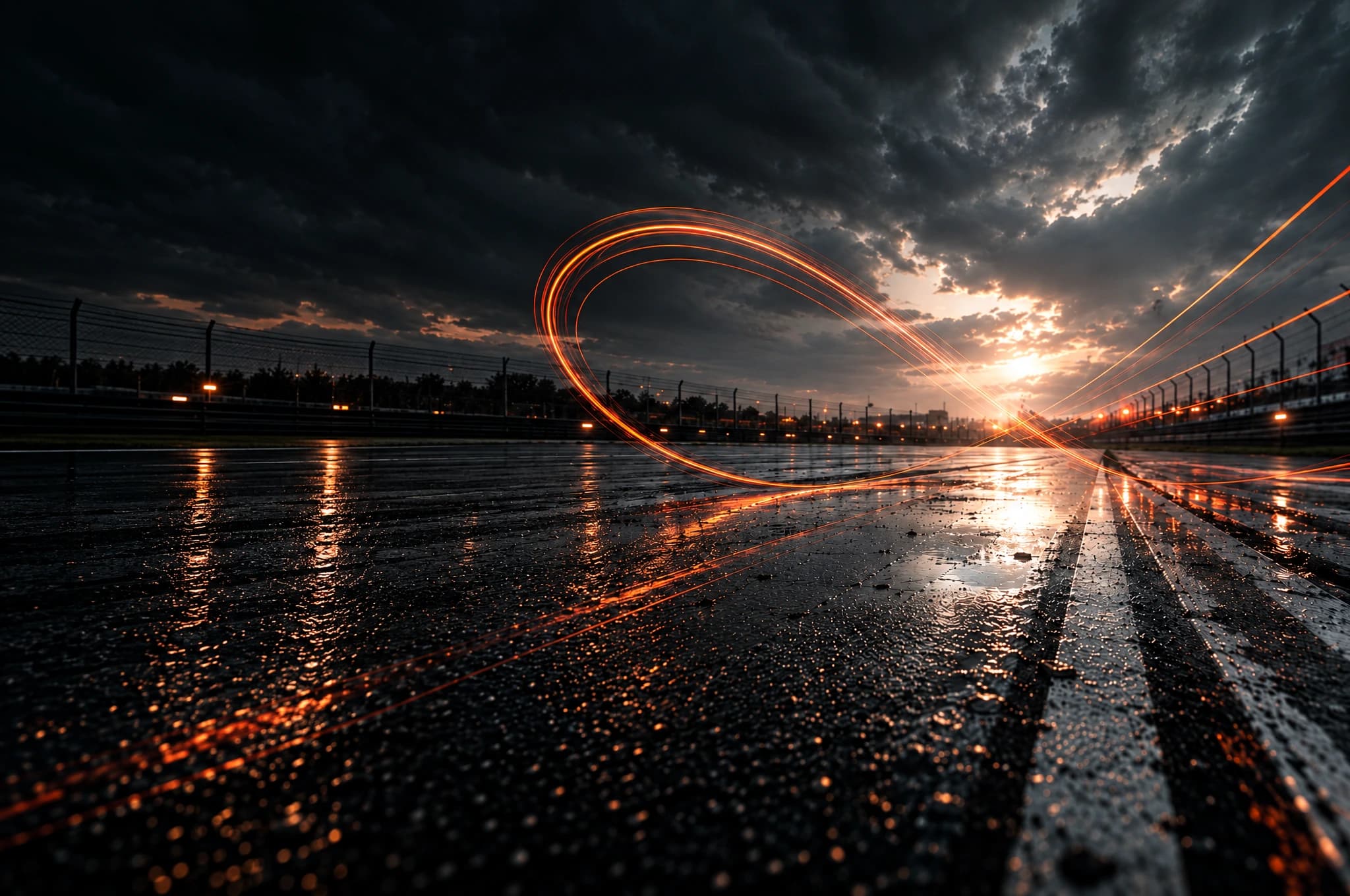 A wet racetrack at dusk under a heavy sky, a long-exposure orange light trail tracing the Dynarics lemniscate across the frame toward a low sun on the horizon.